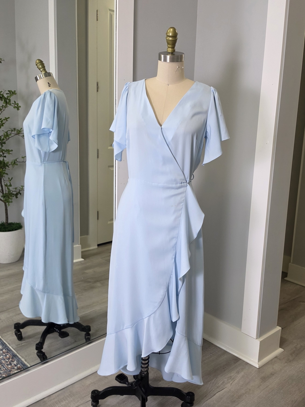Serene Sky Blue Wrap Midi Dress with Ruffle Trim